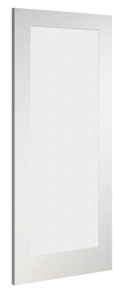 White primed interior door with a rectangular recessed panel, angled side view