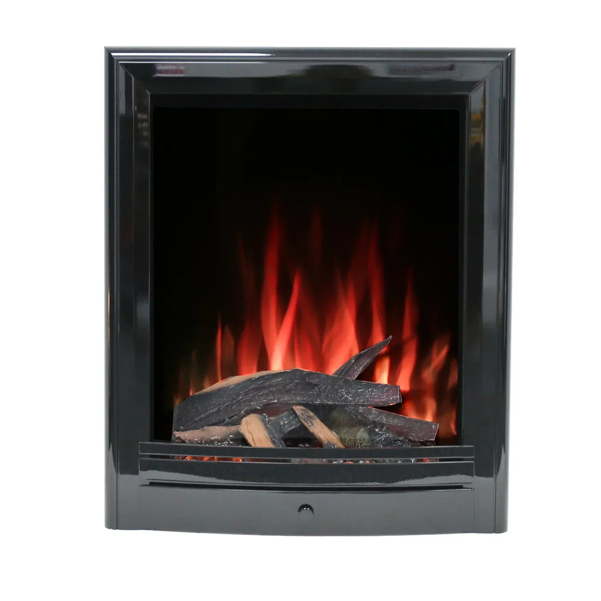 electric fire with black frame and realistic log effect, glowing flames in centre view