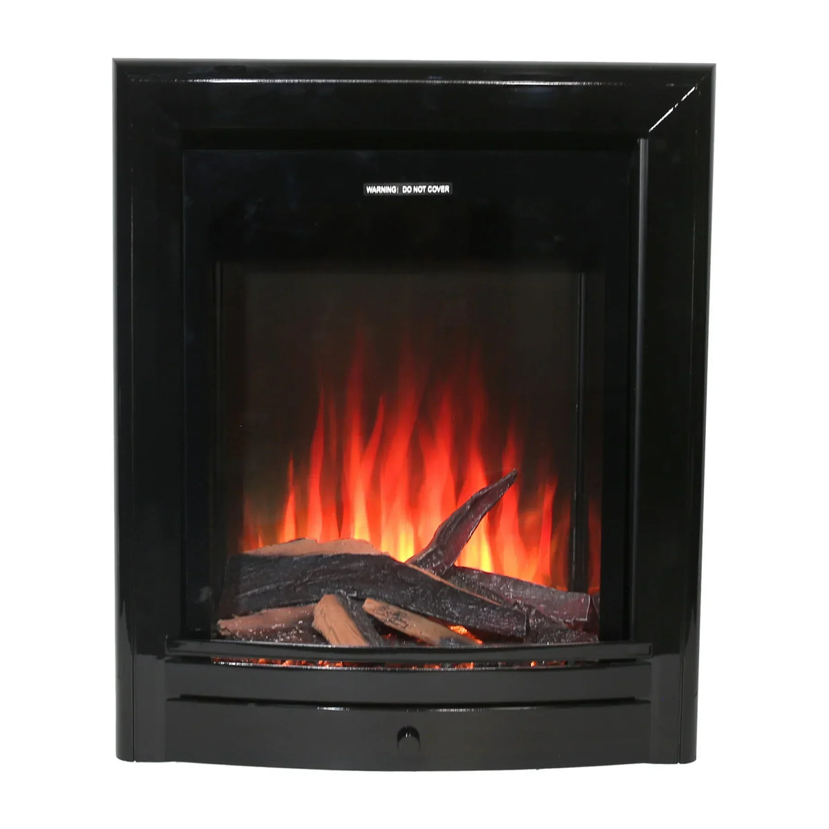 Black glass electric fireplace with log effect and realistic flame display