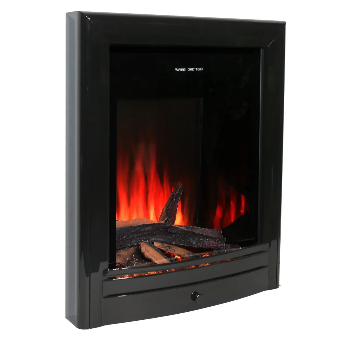 Black glass electric fire with realistic logs and glowing flame effect, front angled view