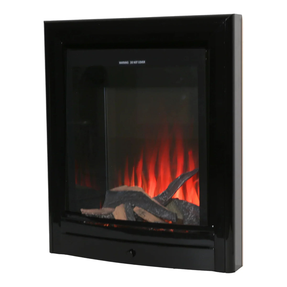 Black electric fireplace with glass front and realistic flame effect logs