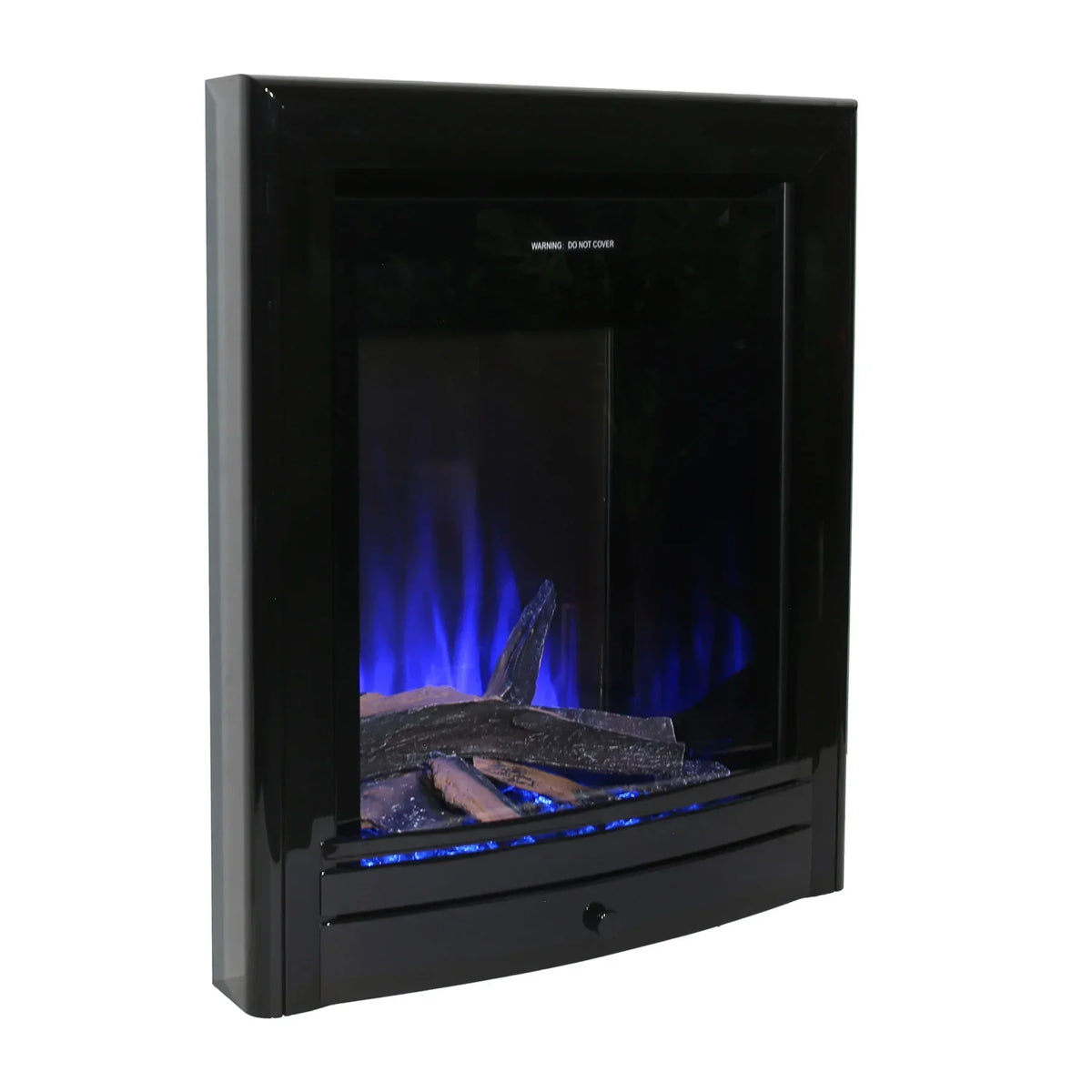 Black electric fireplace with blue LED flame and log effect, close view from angle