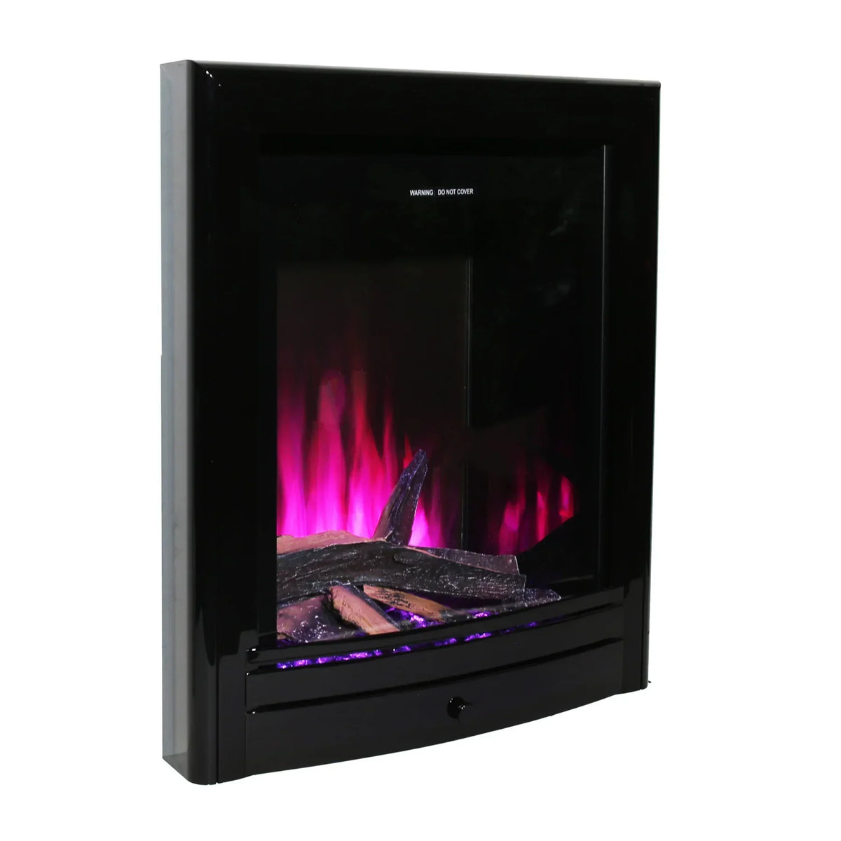 Modern electric fireplace with black frame and purple LED flame effect, angled front view