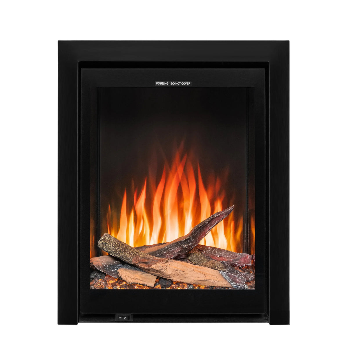 Electric fire with realistic LED flames, black frame, and log effect display front view