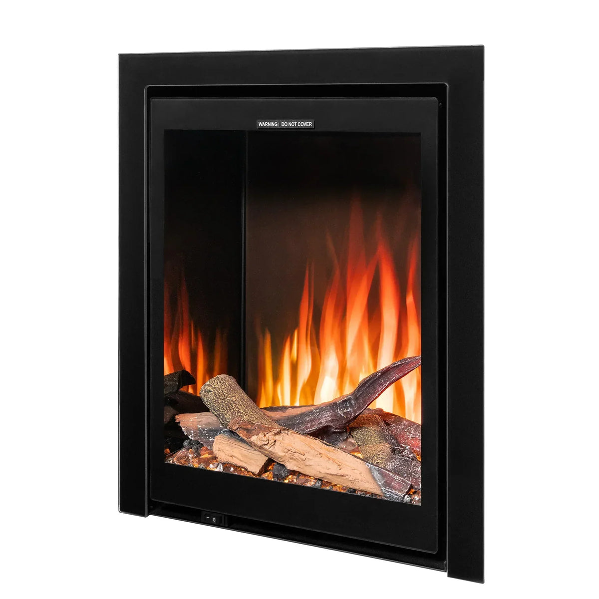 Black glass electric fireplace with realistic log set and glowing flame effect