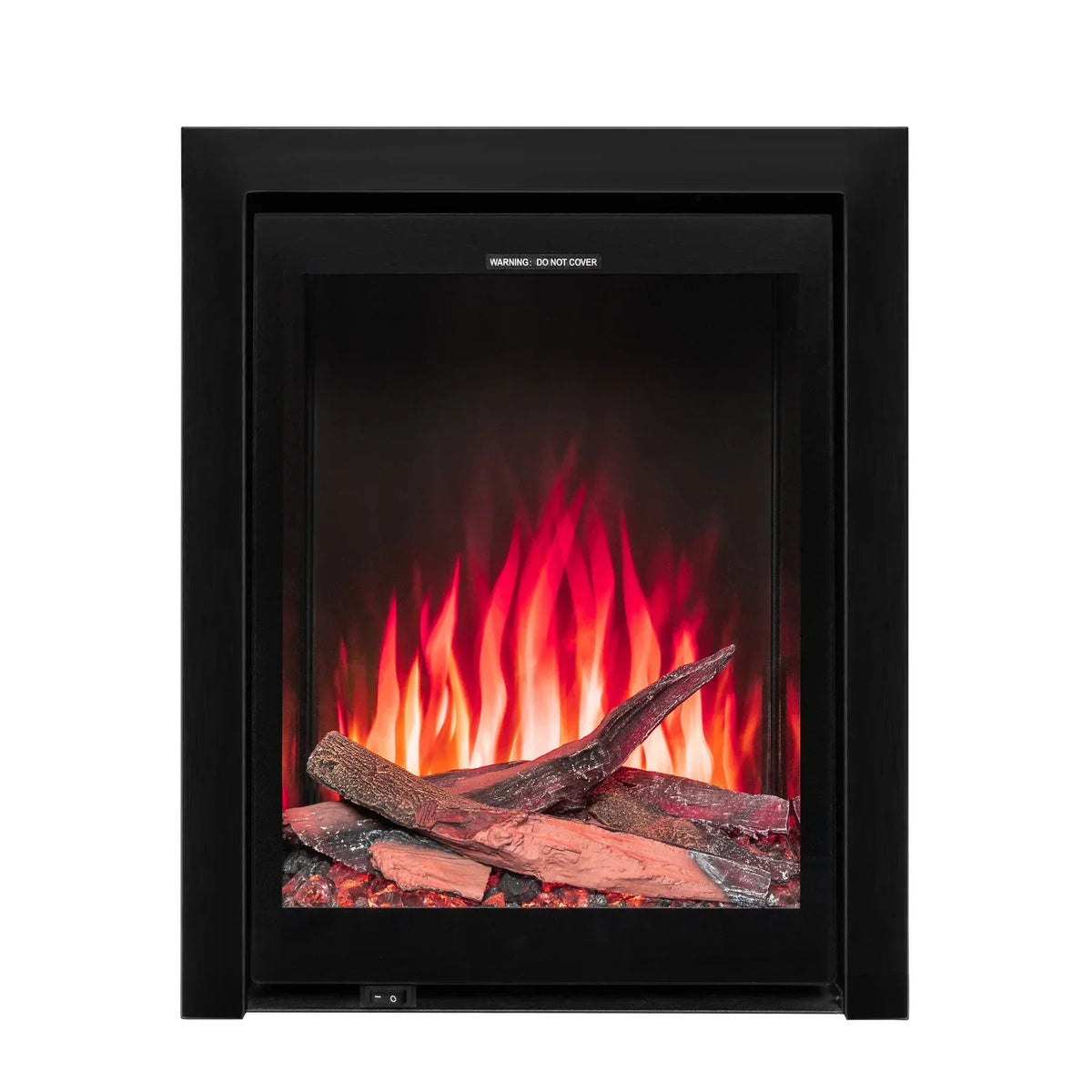 Electric fireplace with glass front and realistic log effect flame, black frame shown head-on