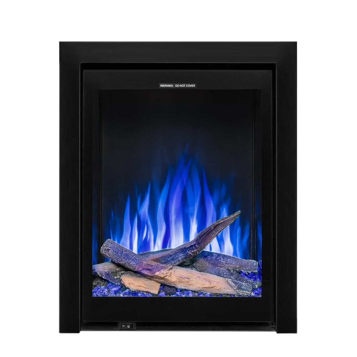 Black electric fireplace with blue LED flame effect and realistic log set