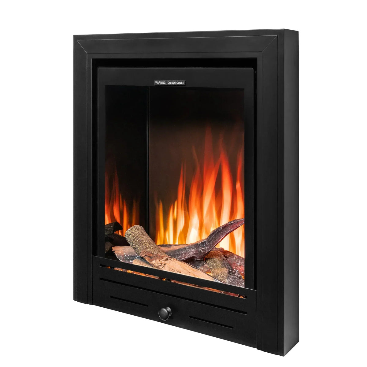 Black metal electric fireplace with realistic log effect and visible flame display