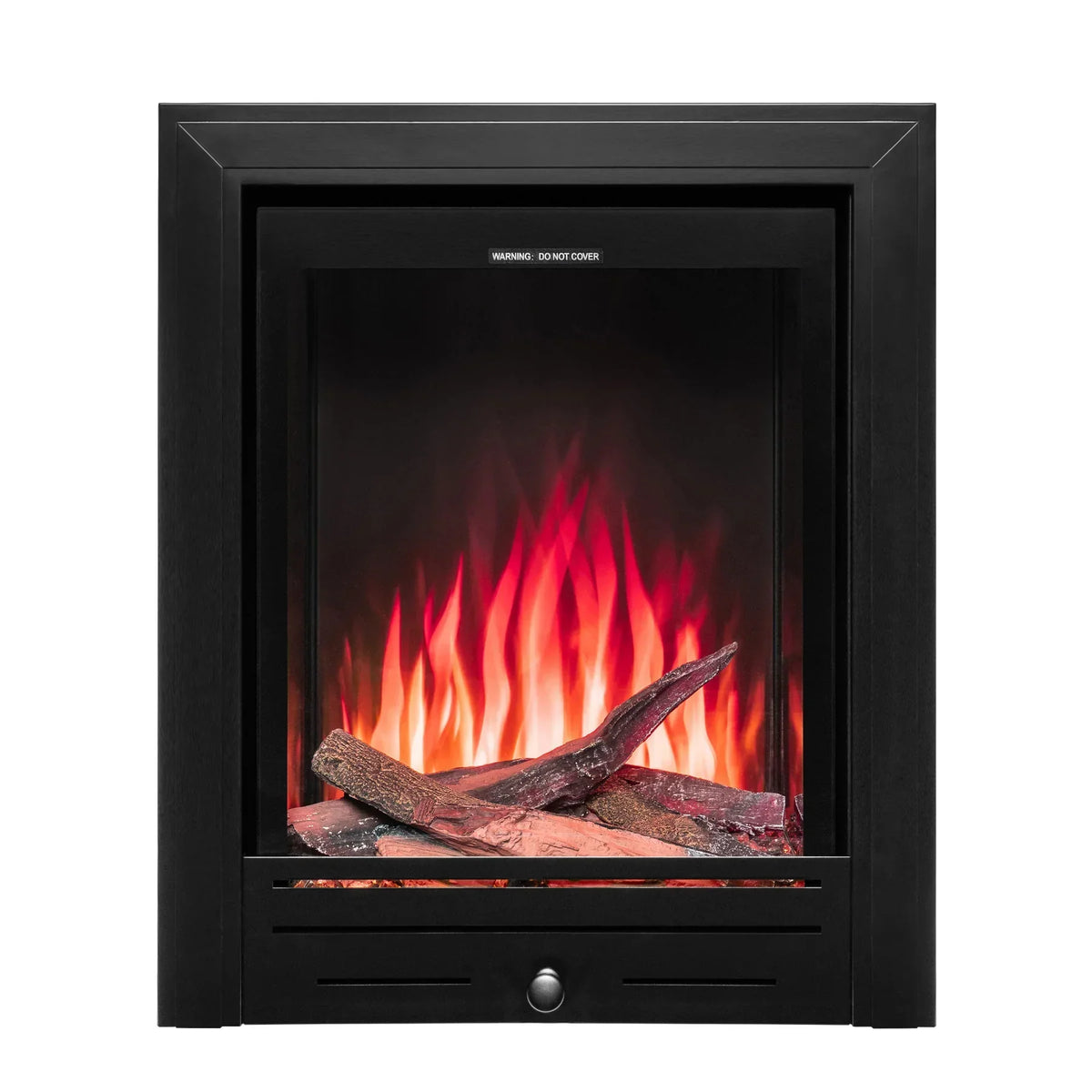 Black frame electric fire with realistic log effect and glowing flame display