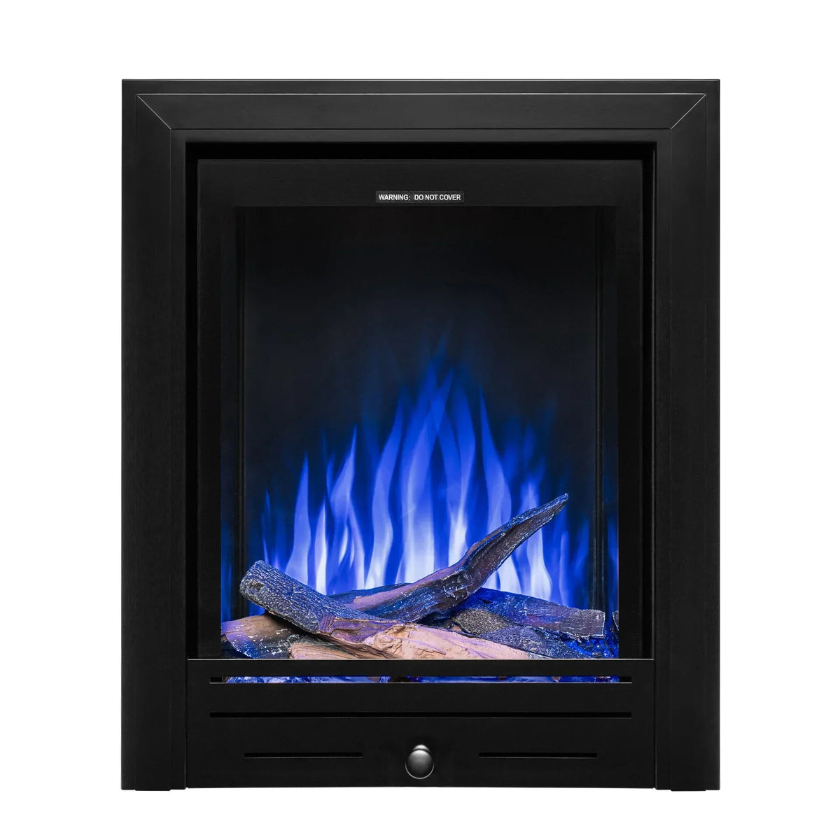 Black electric fireplace with blue LED flame effect and realistic log display, front view