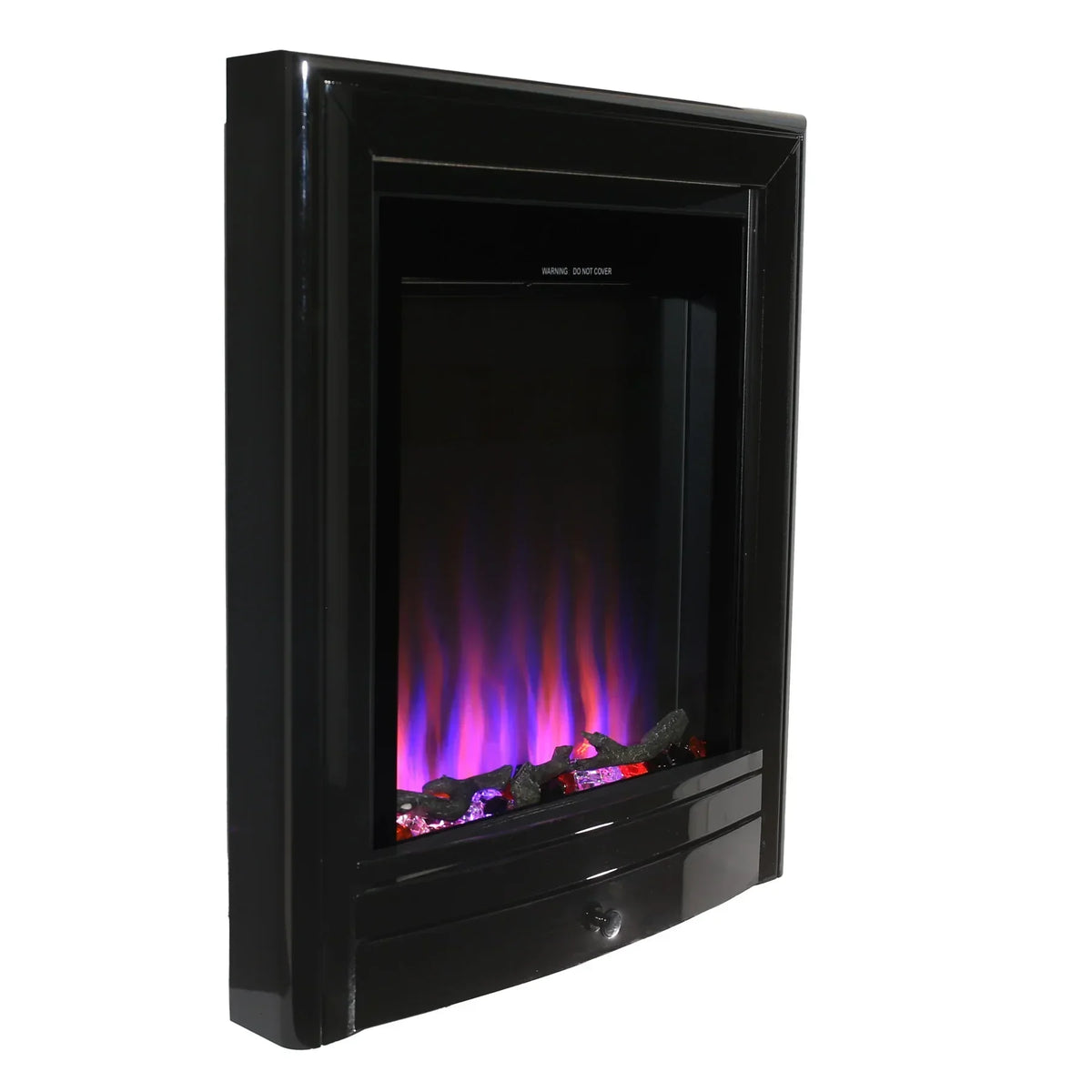 Black electric fireplace with glass front and purple LED flame effect