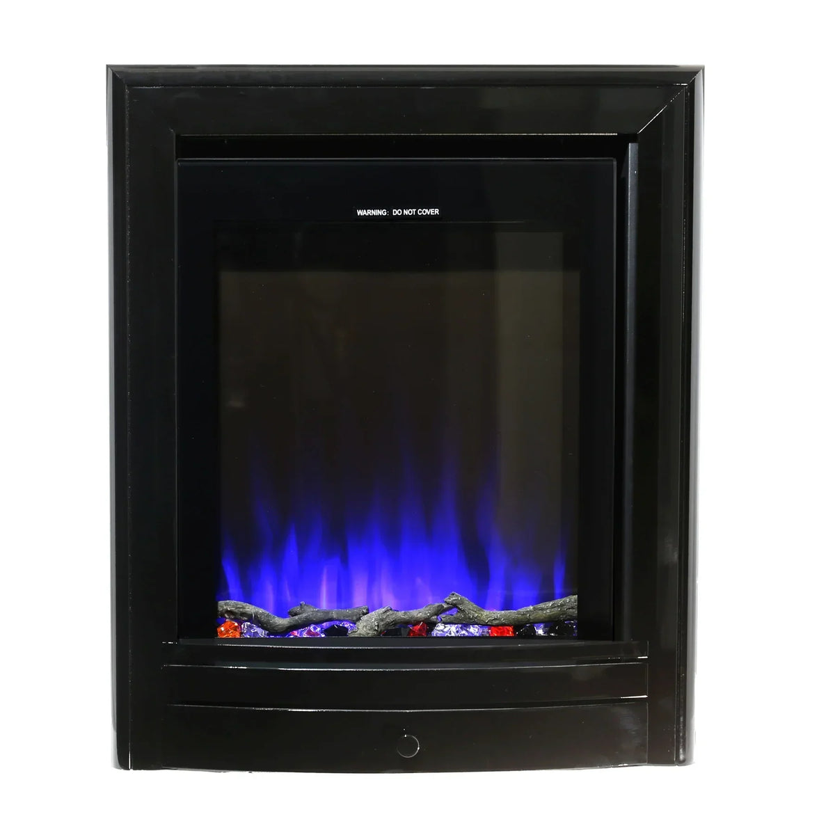 Black electric fire with nickel frame and blue LED flame effect, front view