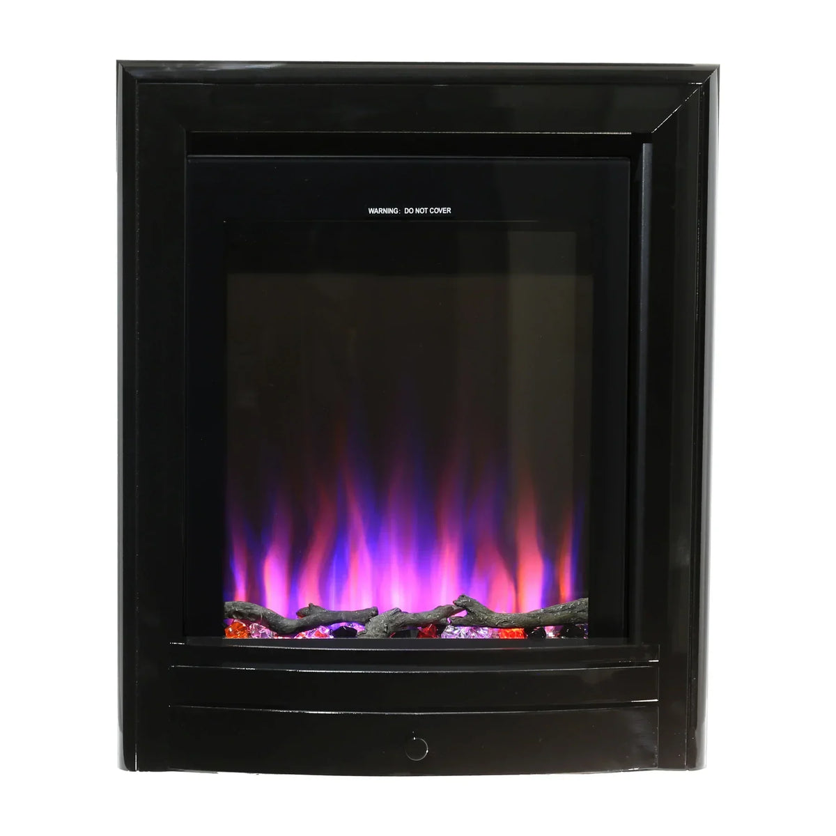 Nickel electric fireplace with black frame and multicolour LED flame effect, front view
