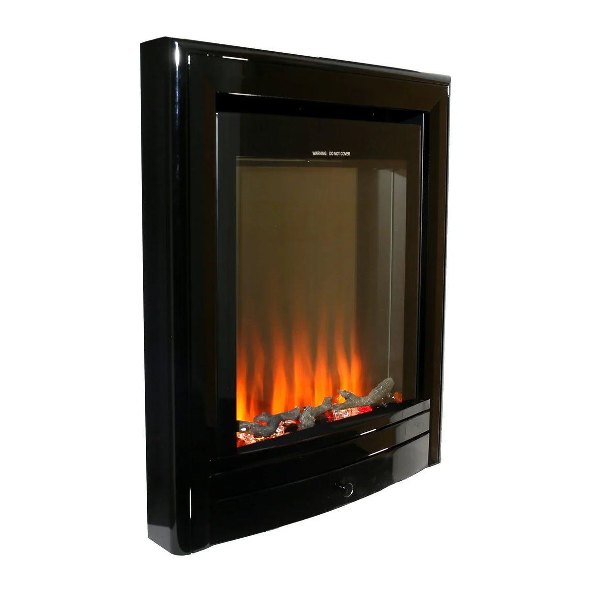 Wall mounted electric fire with black nickel trim and realistic flame effect