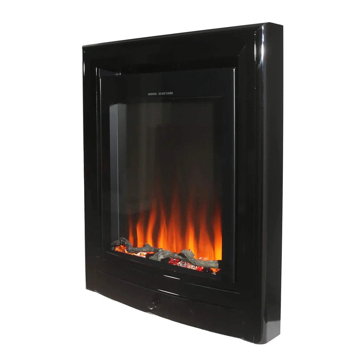 Wall mounted electric fire with black nickel trim and realistic flame effect