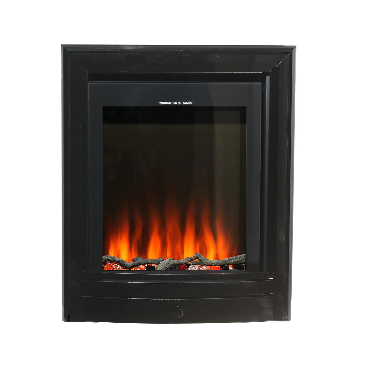 Black electric fireplace with realistic flame and log effect front view