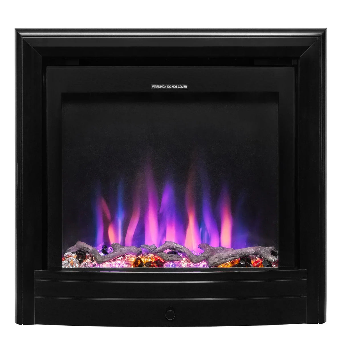 Black nickel electric fireplace with multicolored LED flame effect and crystal logs