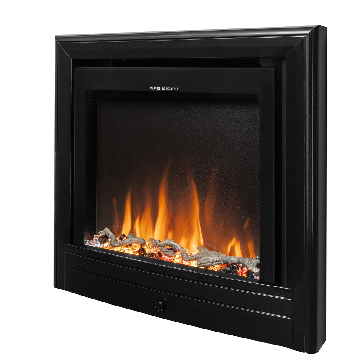 Widescreen electric fire with nickel trim, glowing logs and realistic flame effect
