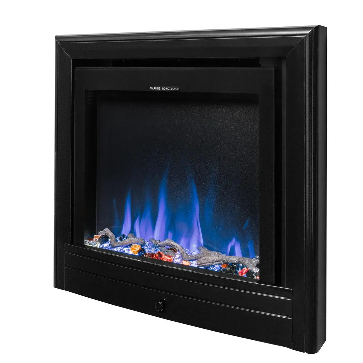 Widescreen electric fire with nickel trim, blue LED flame and crystal ember bed