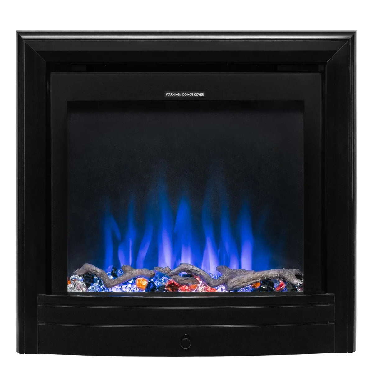 Widescreen nickel electric fireplace with blue flame effect and decorative crystals