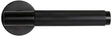 Matt black door handle with ribbed grip and round rose, horizontal side view