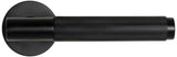 Matt black door handle with ribbed grip and round rose, horizontal side view