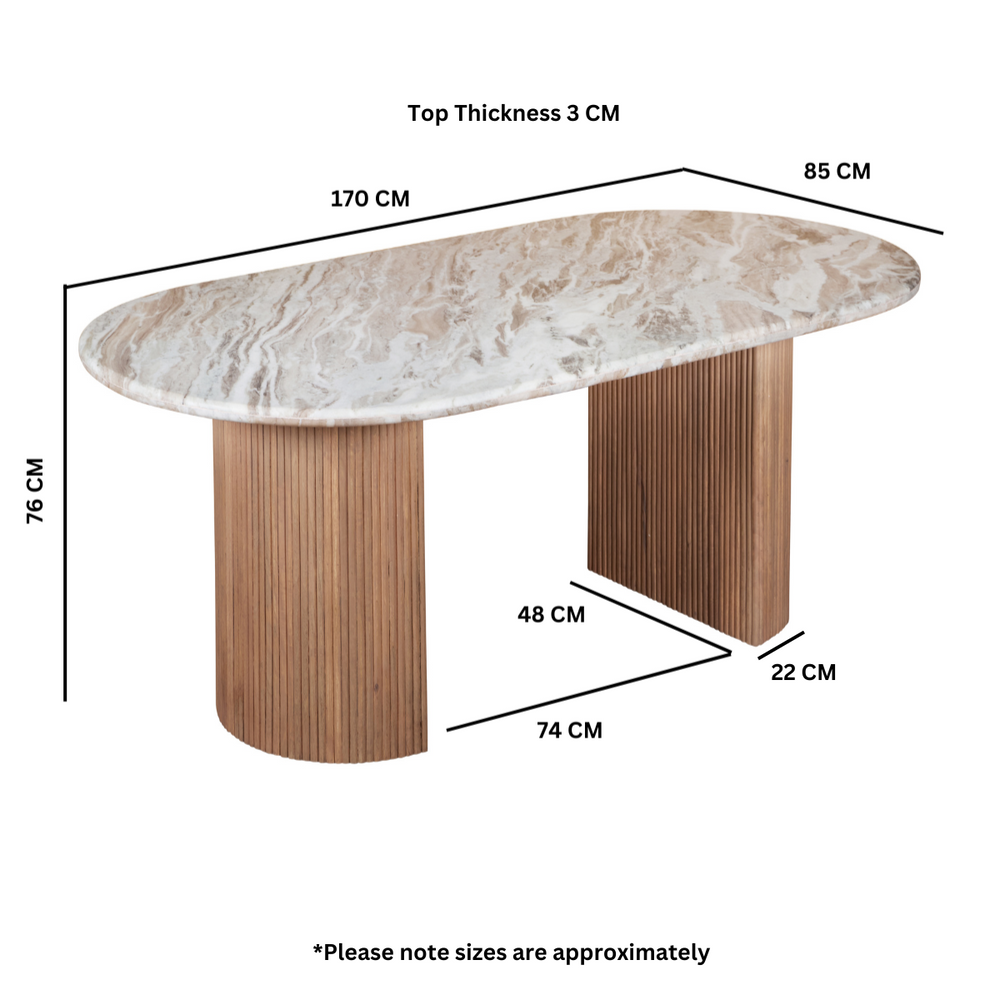 Ashford Natural Marble & Wood Pedestal Dining Table in pale taupe