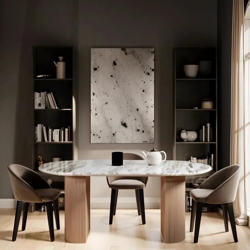 Ashford Natural Marble & Wood Pedestal Dining Table in pale taupe
