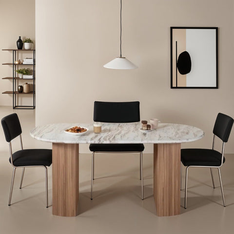 Ashford Natural Marble & Wood Pedestal Dining Table in pale taupe