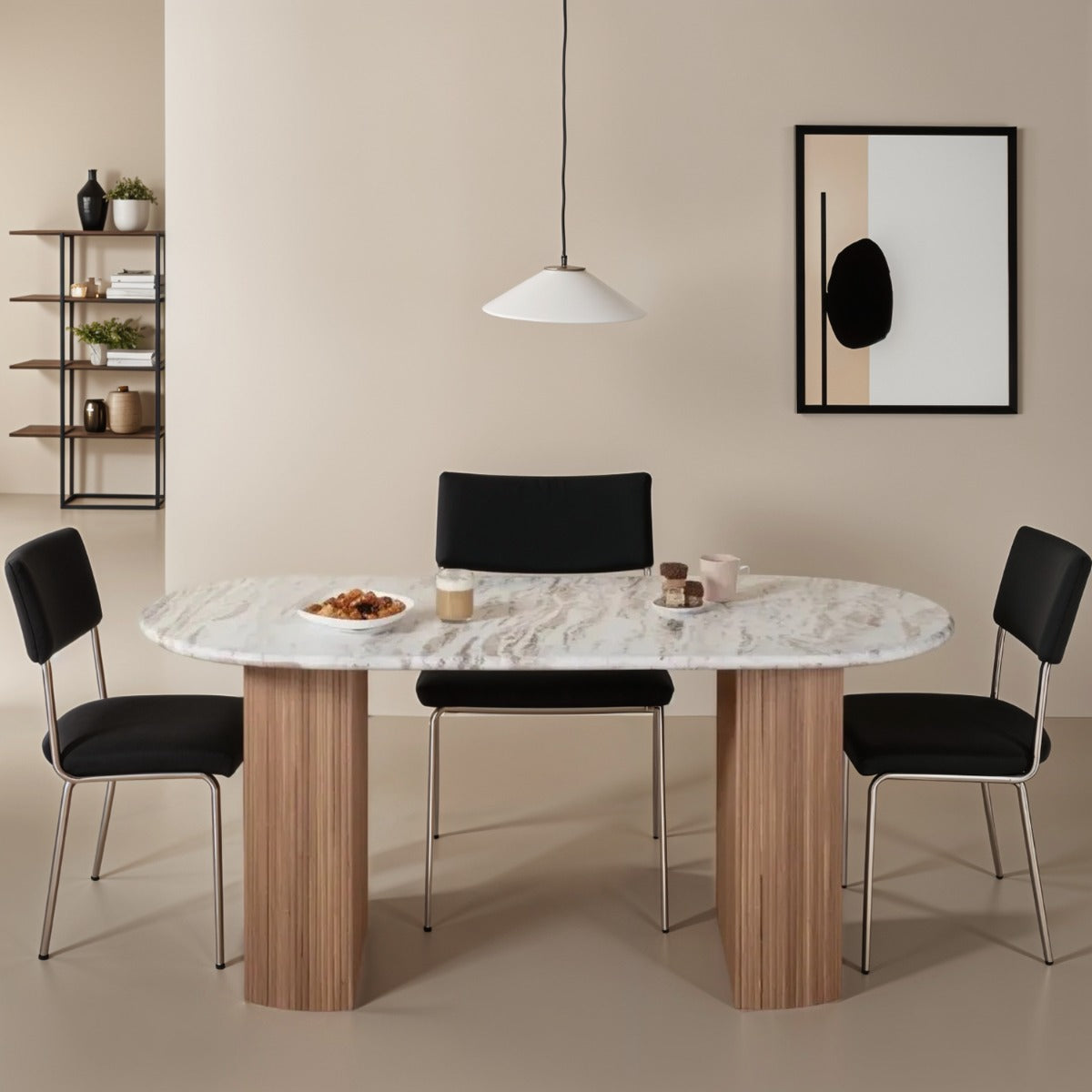 Ashford Natural Marble & Wood Pedestal Dining Table in pale taupe