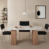 Ashford Natural Marble & Wood Pedestal Dining Table in pale taupe