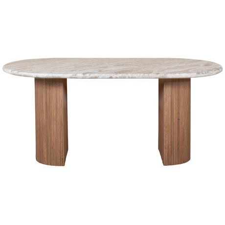 Ashford Natural Marble & Wood Pedestal Dining Table in pale taupe