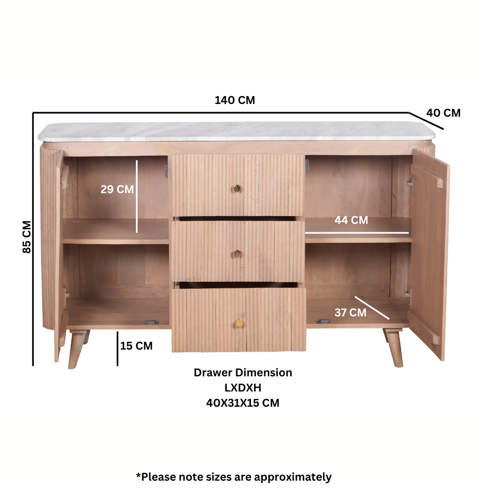Extra large Ashford sideboard with natural marble top and mango wood body