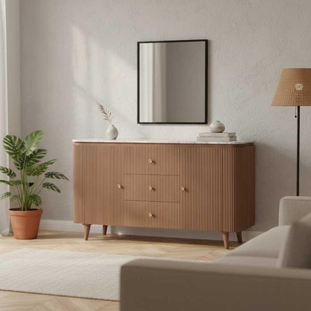Oak wood sideboard with ribbed drawers in a modern living room, potted plant nearby