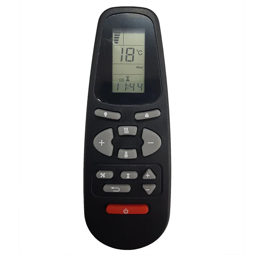 black furniture remote control with LCD screen and multifunction buttons