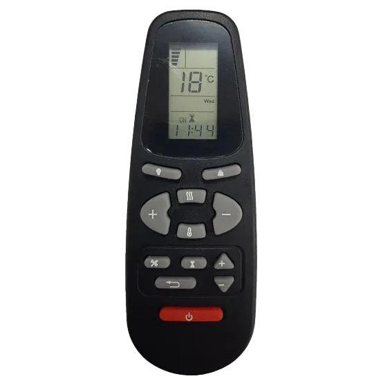 black remote control with LCD screen, temperature display and function buttons
