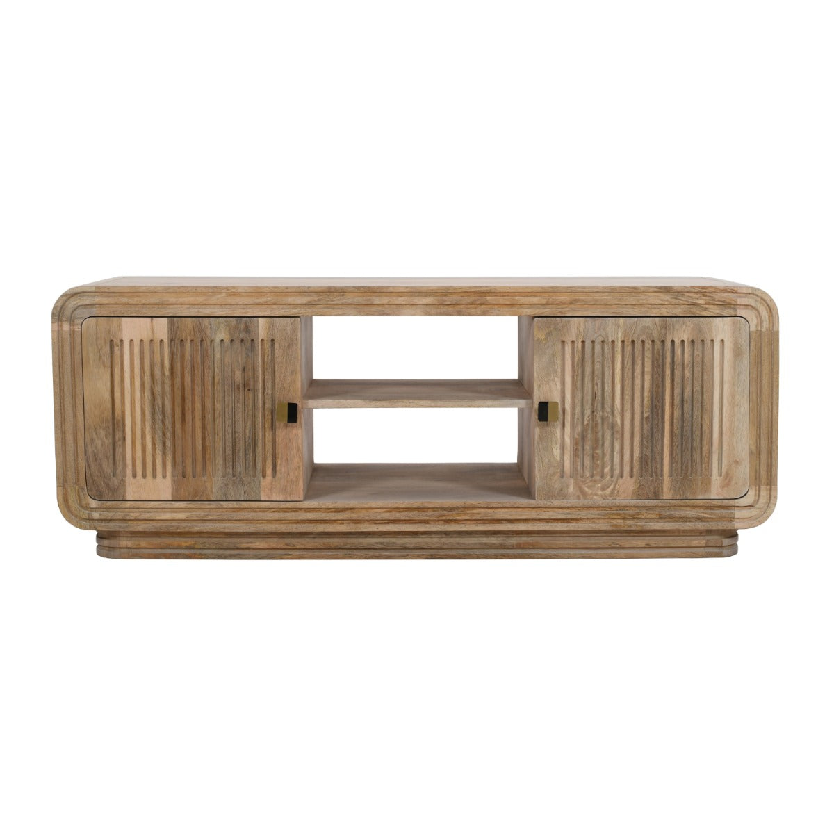 Hudson TV Cabinet made of carved mango wood in a stylish living room setting