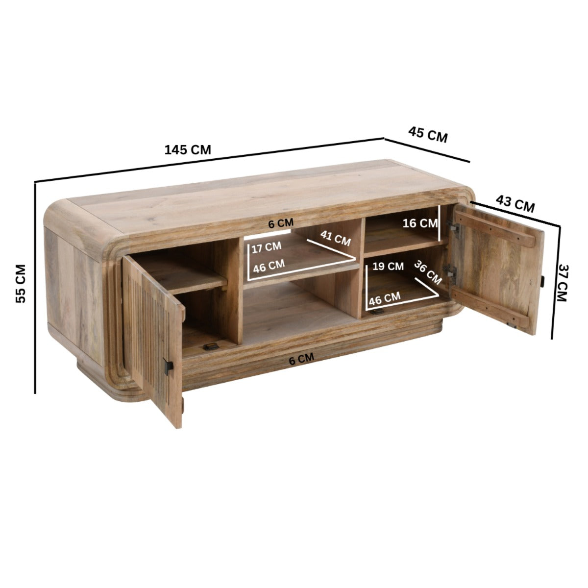 Hudson TV Cabinet made of carved mango wood in a stylish living room setting