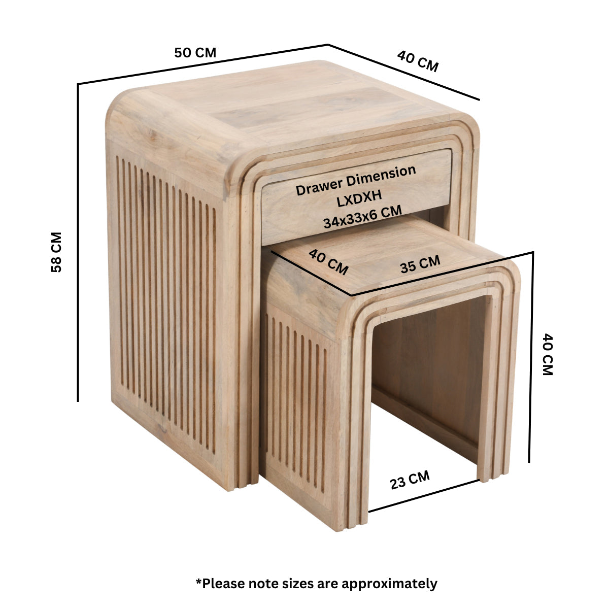 Hudson nest of 2 tables in carved mango wood with lacquered finish