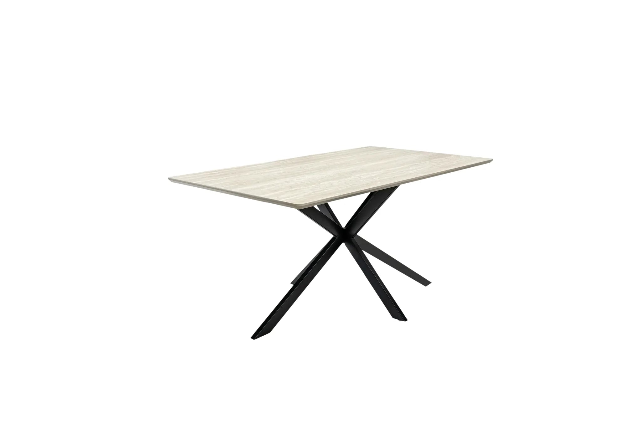 Rectangular table with a white top and black metal legs on a white background