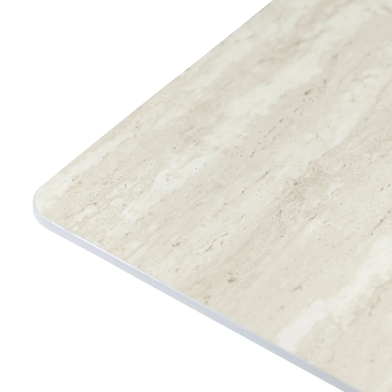 A close-up of a light beige stone or travertine-look surface with rounded corners and a thin white edge, shown on a plain white background.