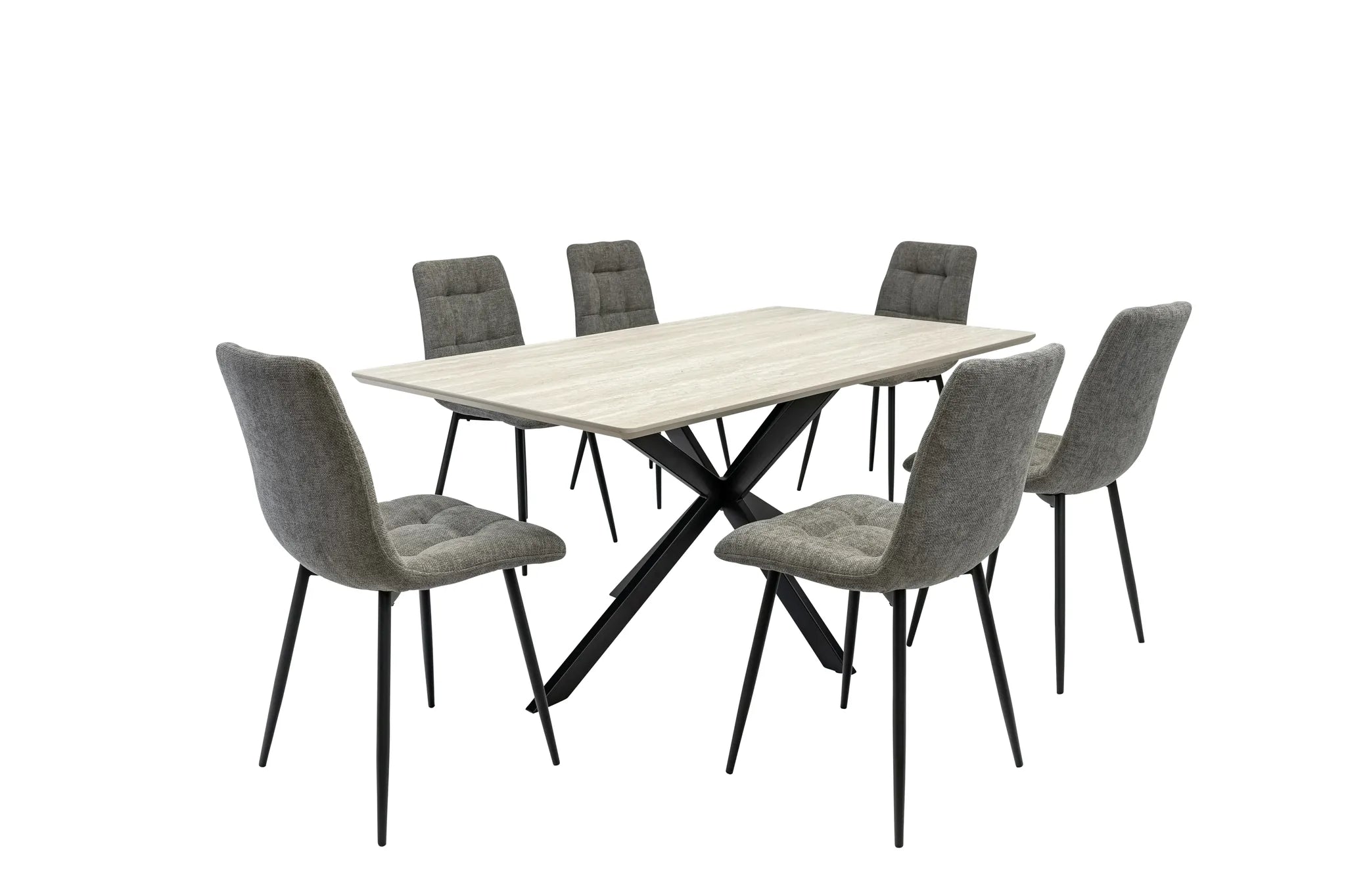 Dining table set with six gray chairs on a white background