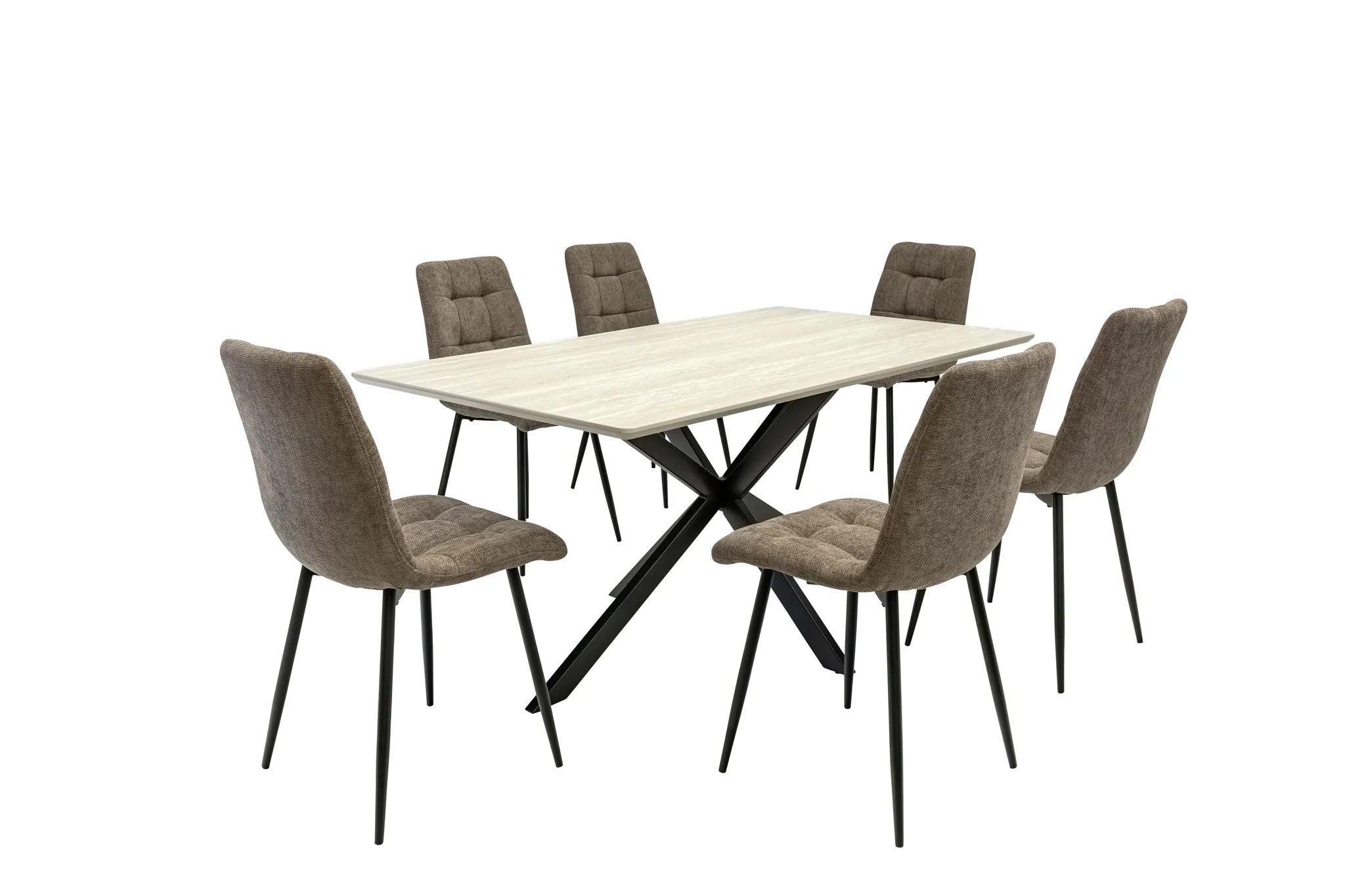 A modern dining table set featuring a rectangular light wood table with a black X-shaped metal base and six upholstered dining chairs in taupe with black legs, shown on a solid white background.