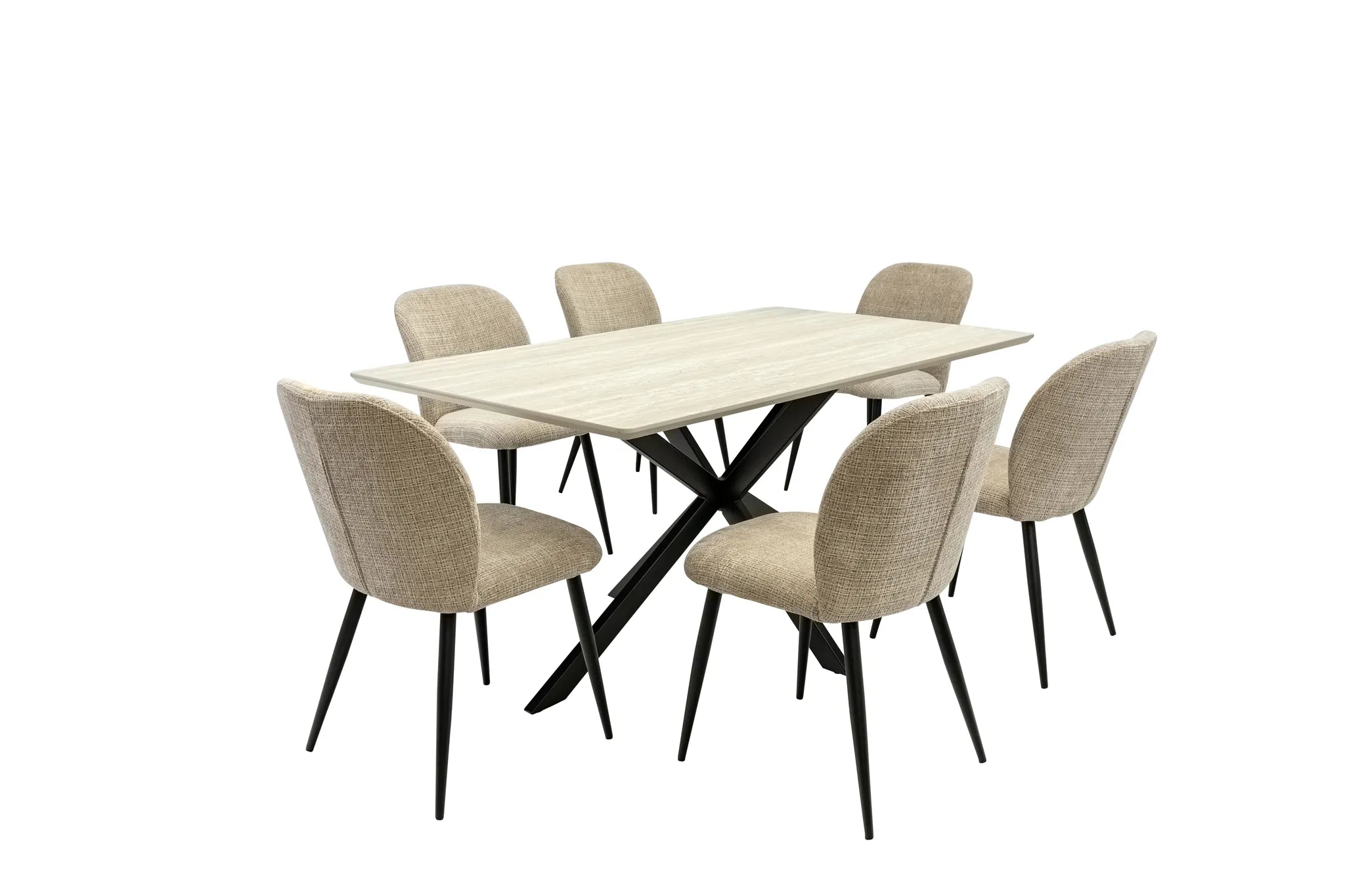 A modern 5-piece dining set featuring a rectangular light wood table with a black X-shaped base and five upholstered dining chairs in beige fabric with black legs, shown on a solid white background.
