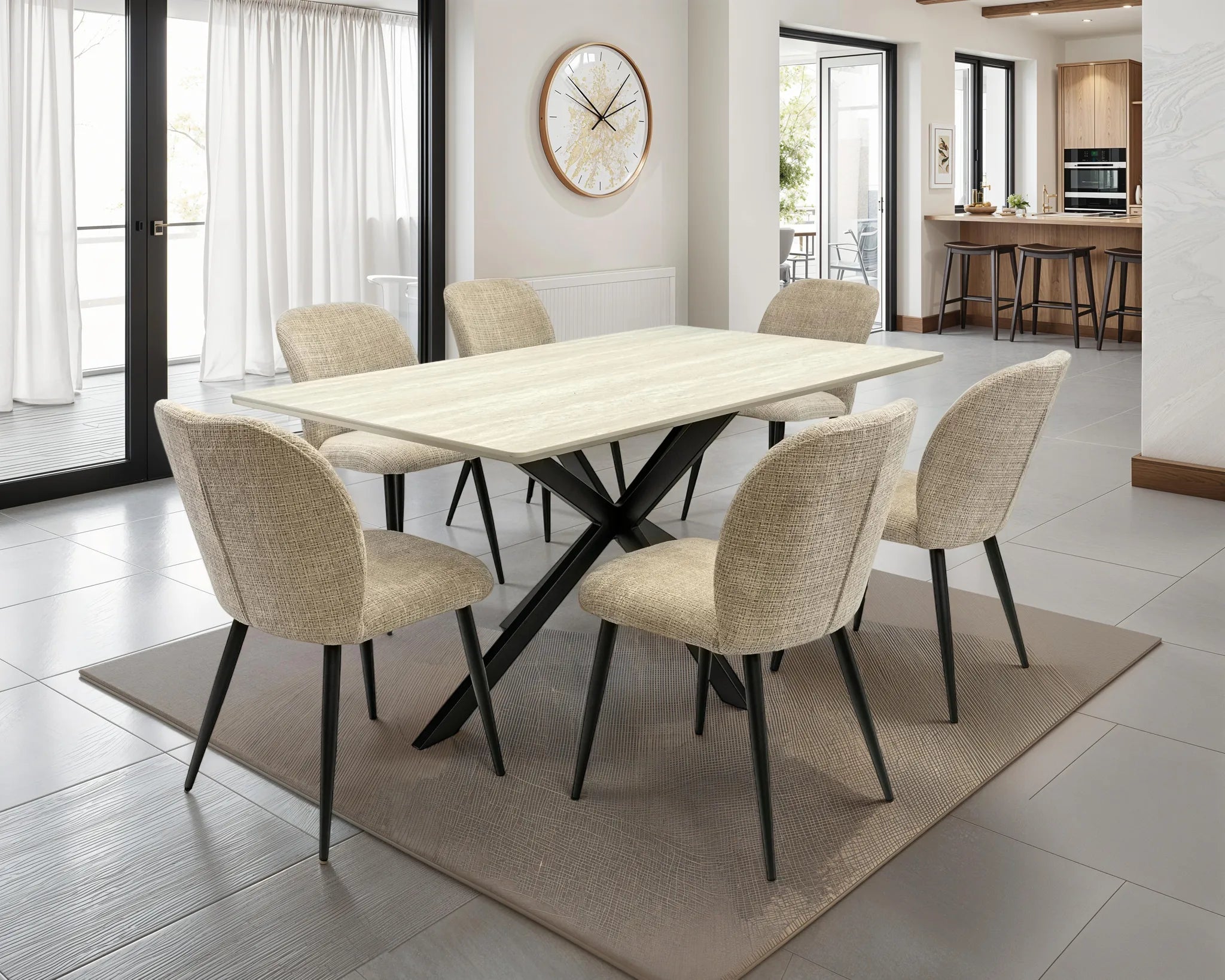 A modern dining set featuring a rectangular light wood table with a black crisscross base and six upholstered dining chairs in beige fabric, set on a textured beige rug in a bright, contemporary dining room.