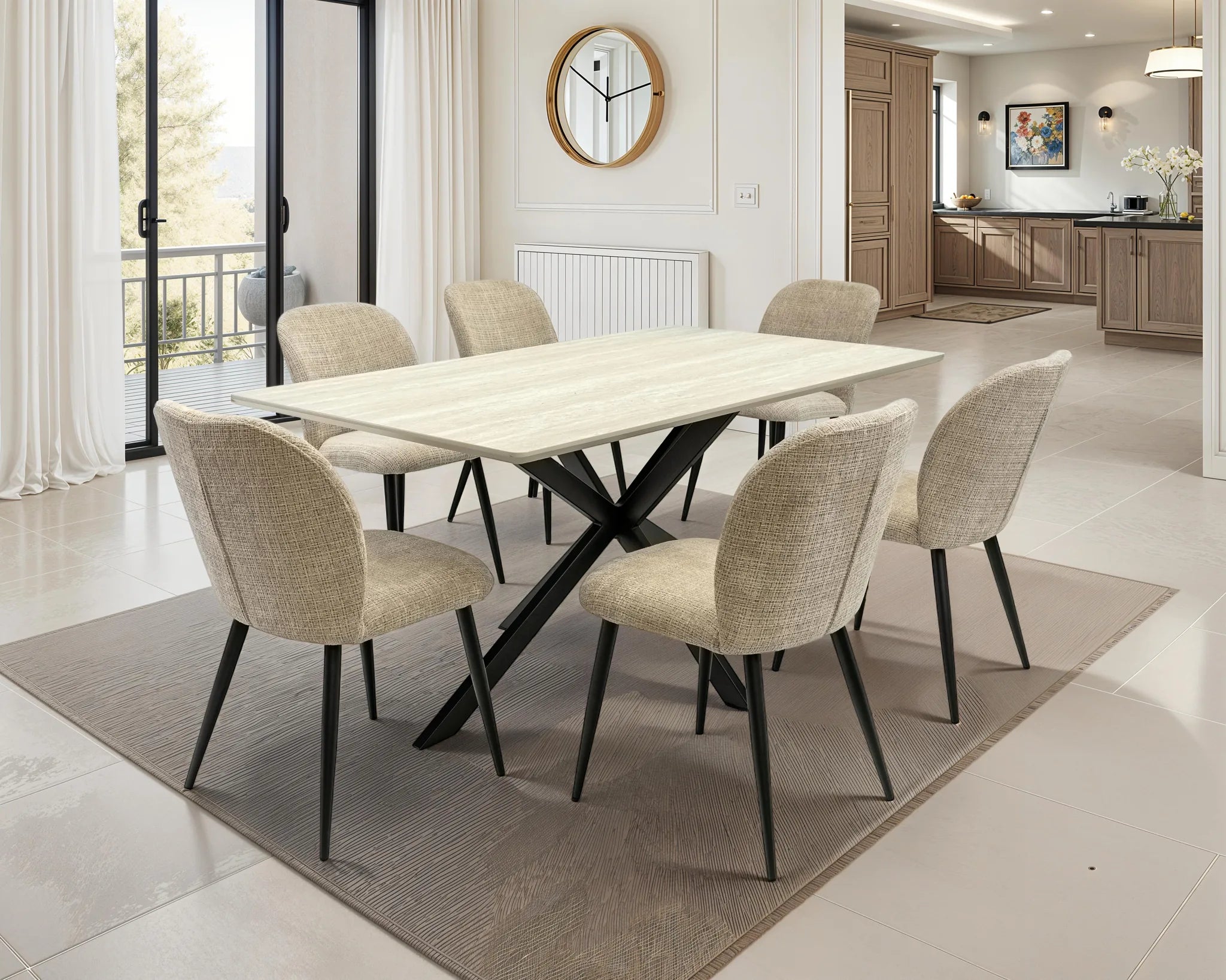 A modern dining set featuring a rectangular light wood table with a black metal X base and six upholstered dining chairs in beige fabric, set on a gray rug in a bright, contemporary dining room.