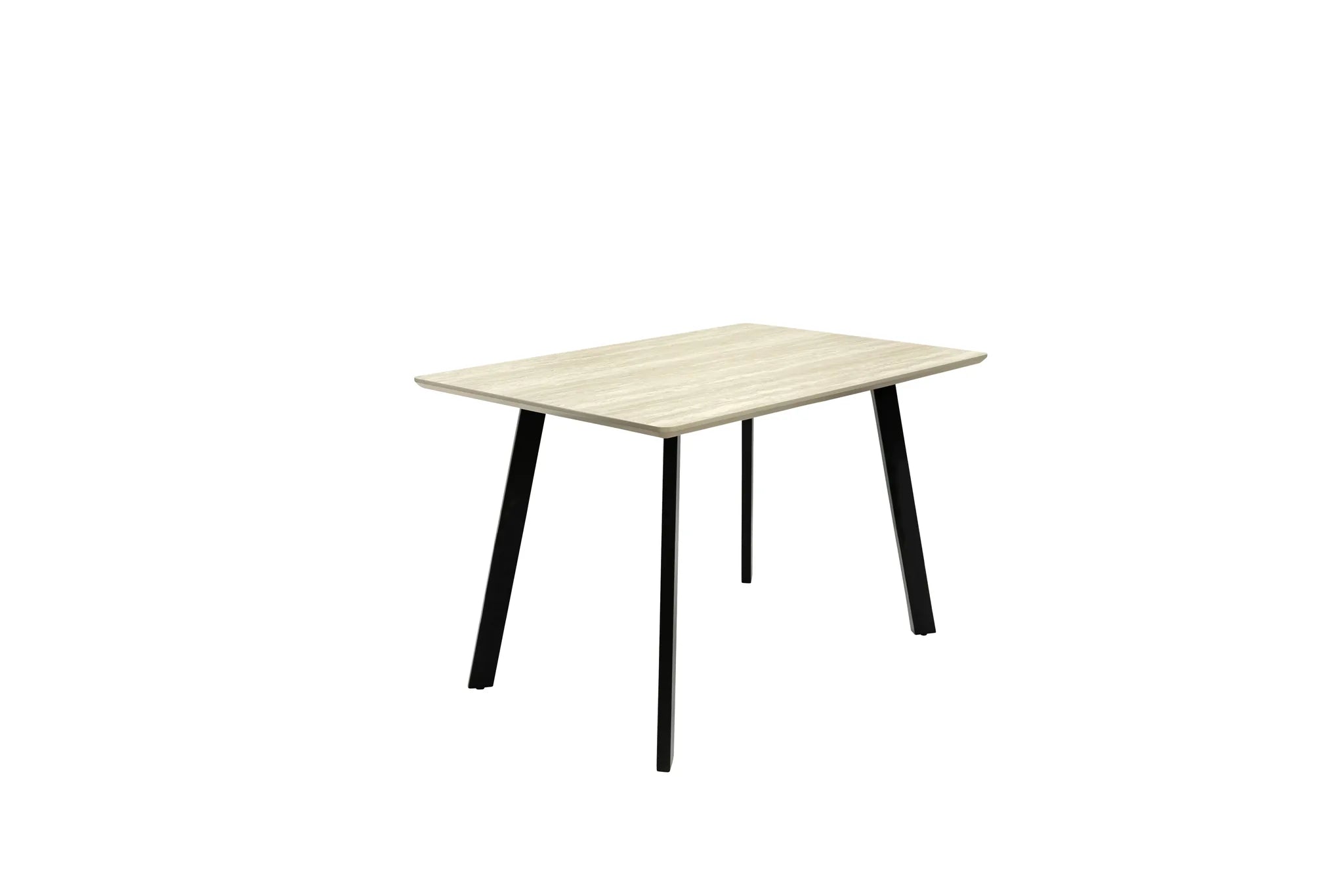 Rectangular table with light wooden top and black legs on a white background
