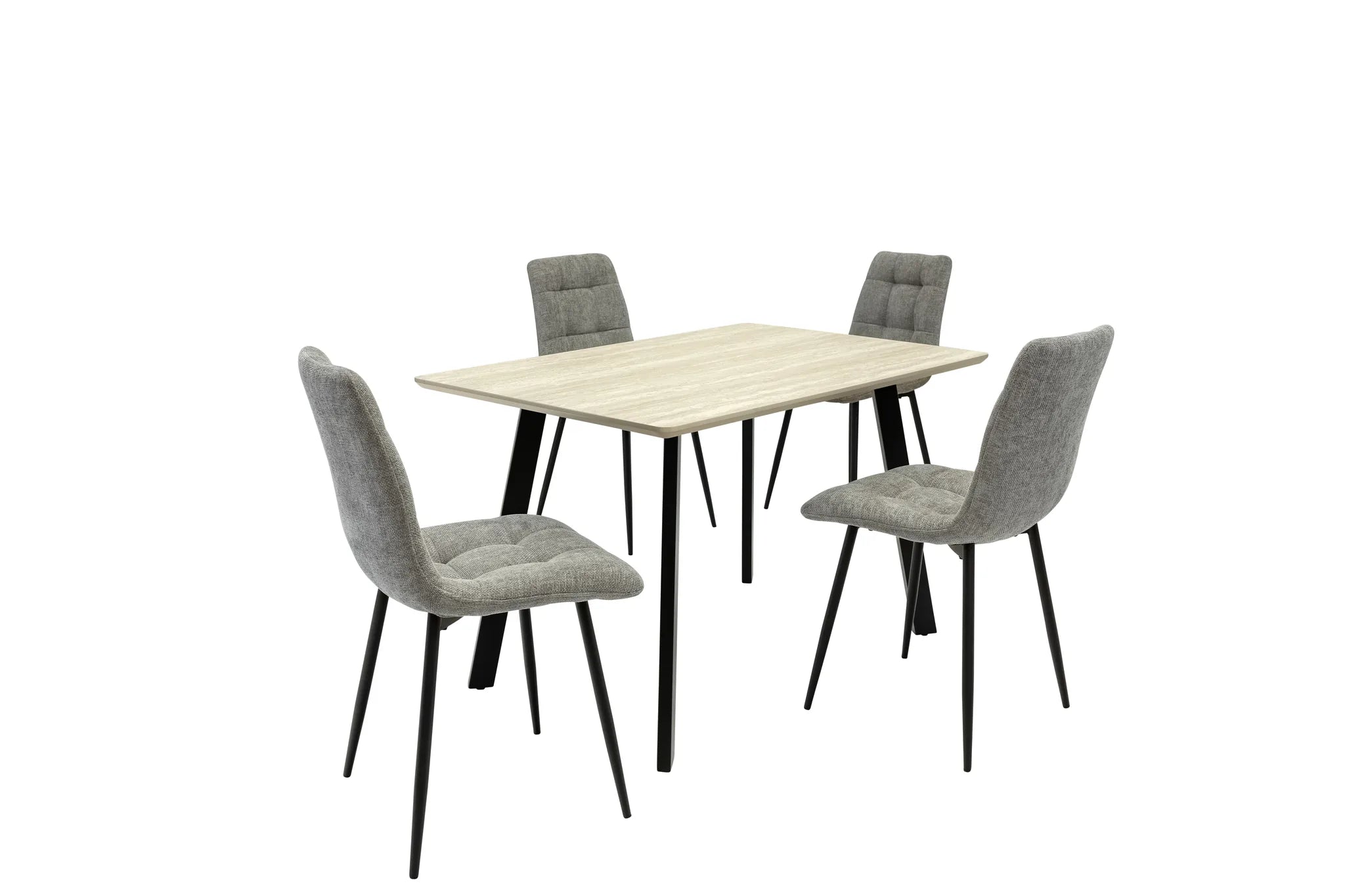 Dining table set with four gray chairs on a white background