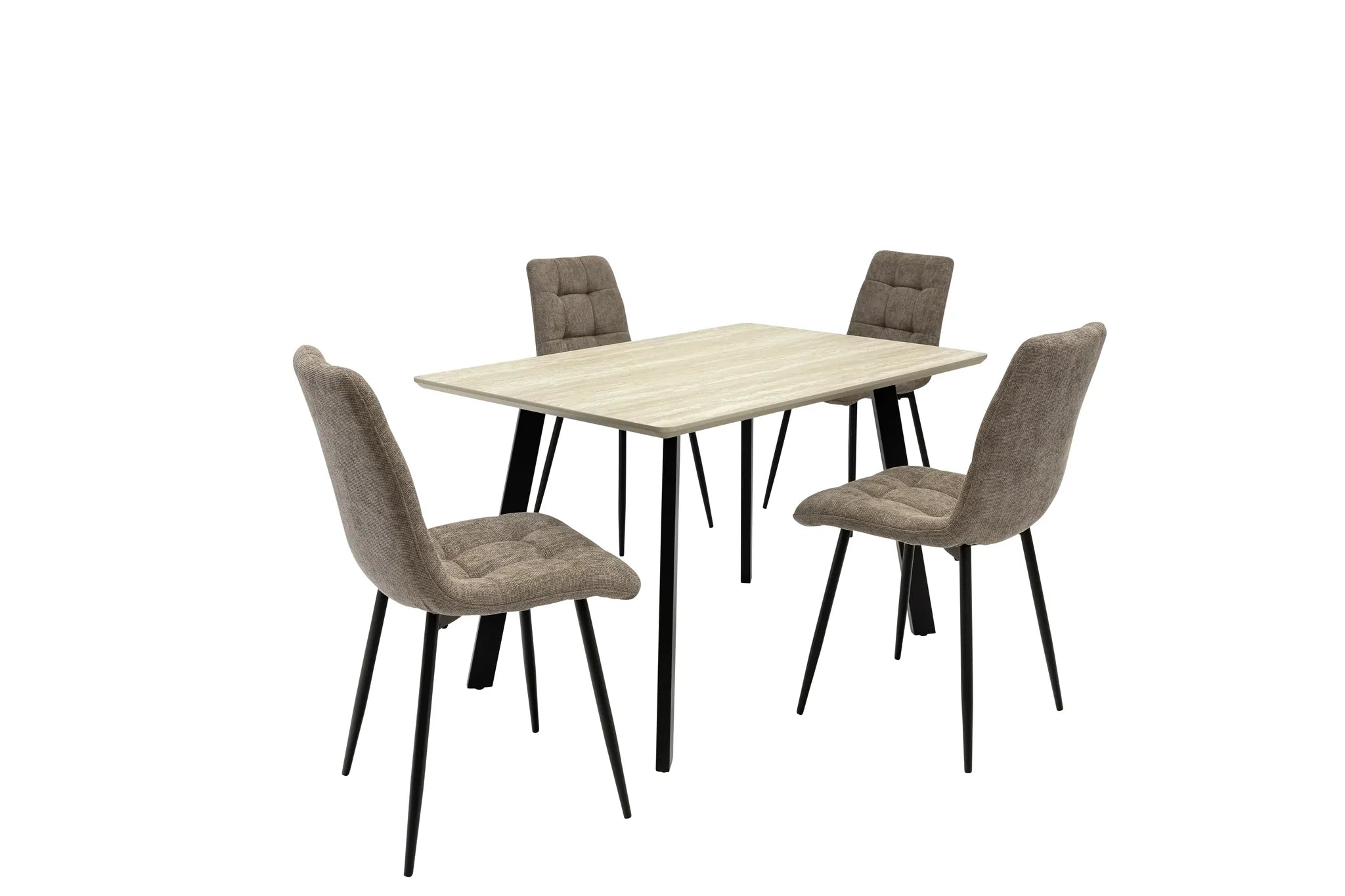 Dining table set with four chairs on a white background