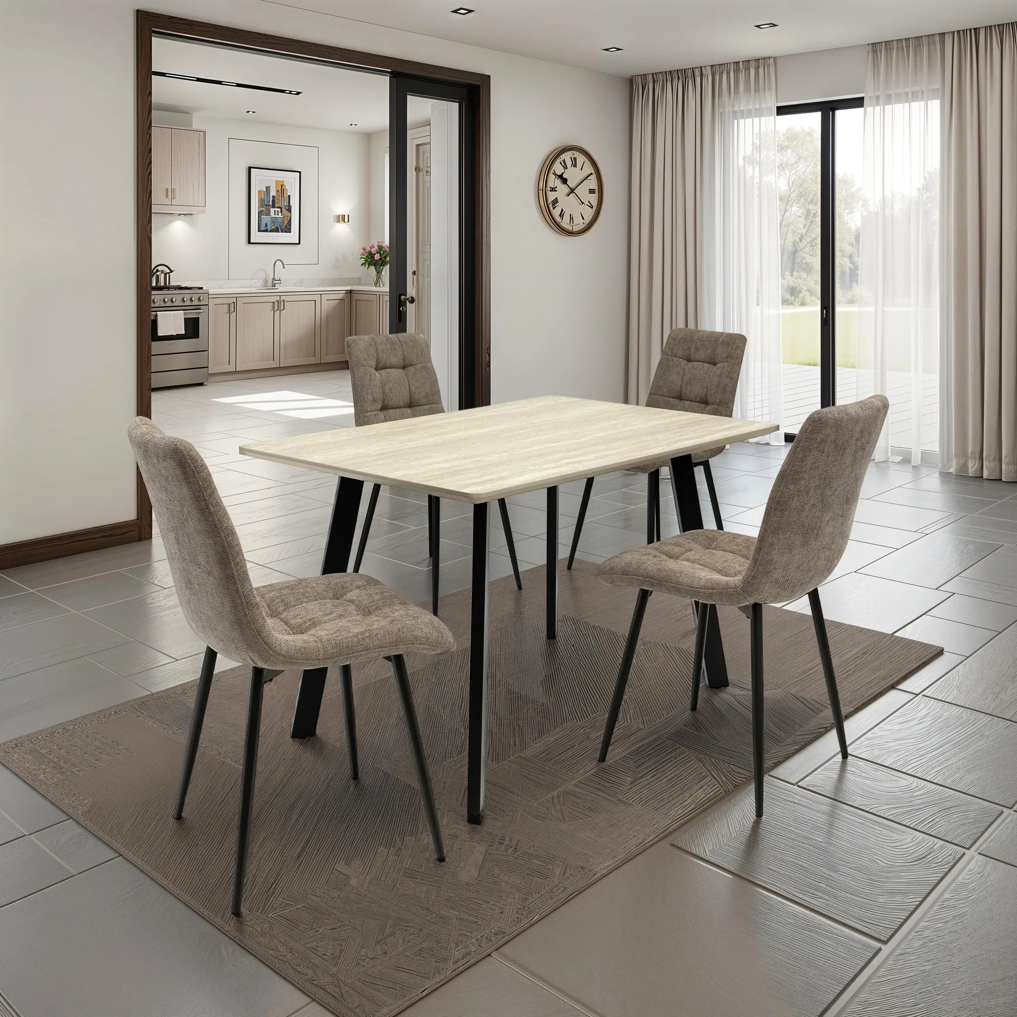Modern dining area with a table and chairs in a well-lit room.